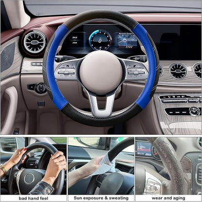Black and Blue Line Punching Car Steering Wheel Cover, Microfiber Leather Sports, 14.5-15 in Universal Leather Wheel Covers, Breathable Fashion Anti-Slip, Steering Wheels Accessories for Men Women