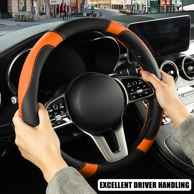 Microfiber Leather Steering Wheel Cover Large for Ford F150 F250 F350 RAM 4Runner Tacoma Tundra Range Rover Model X Model S, Breathable, Anti Slip, 15.5 inch to 16 inch, Black with Orange