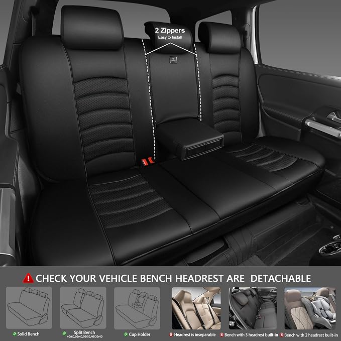 CAR PASS Leather Back Seat Cover, Universal Waterproof Bench Rear Seat Cover Zipper Split Rear Bench Protector Fit 95% Automotive Interior Covers for Cars Sedans SUVs (Rear,All Black)