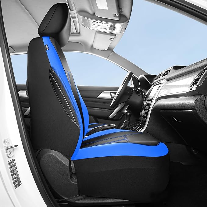 HChengkikz Car Seat Covers Front Seat, Waterproof Neoprene Car Seat Covers, Car Seat Cover Airbag Compatible, Universal Fit for Most Cars, Trucks, SUVs (Black + Blue)