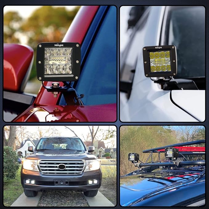 Nilight 4PCS LED Pods 3Inch 42W LED Cubes Upgraded Spot Flood Combo Driving Backup Reverse Light Bar w/Off Road Wiring Harness Kit -4 Leads for Pickup Car Trucks ATV UTV SUV, 2 Years Warranty
