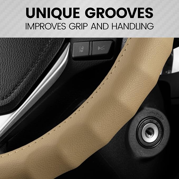 BDK Genuine Beige Leather Steering Wheel Cover for Car, Small 13.5-14 inch – Ergonomic Comfort Grip for Men & Women, Car Steering Wheel Cover for Vehicles with Small Steering Wheel