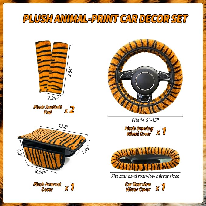 5 Pcs Fuzzy Animal Print Car Accessories Set, Soft Fluffy Plush Steering Wheel Cover, Center Console Armrest Pad & Rearview Mirror Cover - Interior Decorations for Women,Universal Fit (Tiger Print)