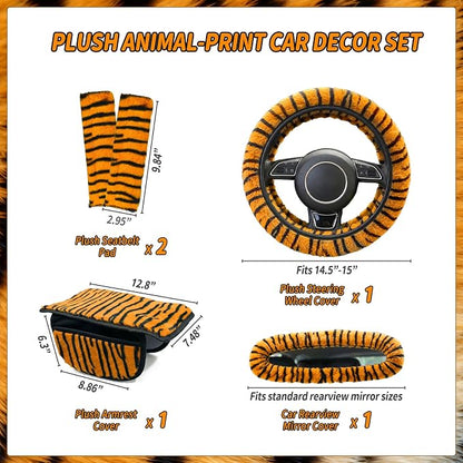 5 Pcs Fuzzy Animal Print Car Accessories Set, Soft Fluffy Plush Steering Wheel Cover, Center Console Armrest Pad & Rearview Mirror Cover - Interior Decorations for Women,Universal Fit (Tiger Print)