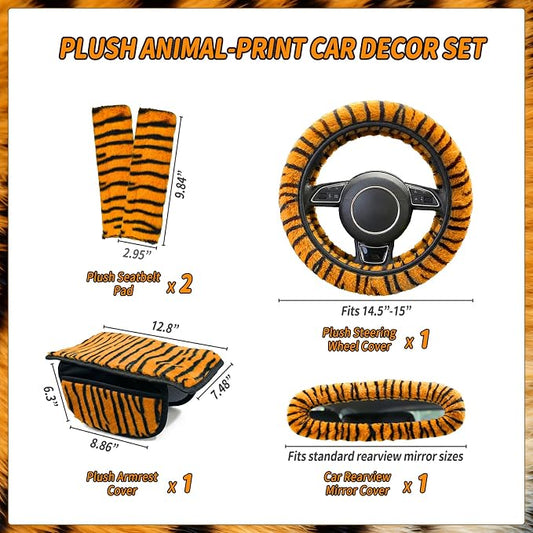 5 Pcs Fuzzy Animal Print Car Accessories Set, Soft Fluffy Plush Steering Wheel Cover, Center Console Armrest Pad & Rearview Mirror Cover - Interior Decorations for Women,Universal Fit (Tiger Print)