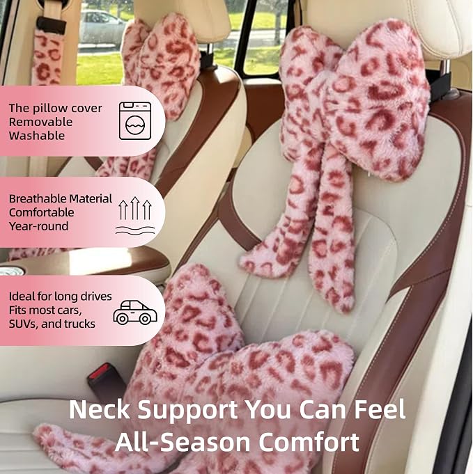Car Neck Pillow 2PCS Plush Bowknot Car Headrest Pillow – Comfortable Neck Support for Driving Soft Touch Fabric Car Pillow Cute Interior Decor (Pink Leopard)