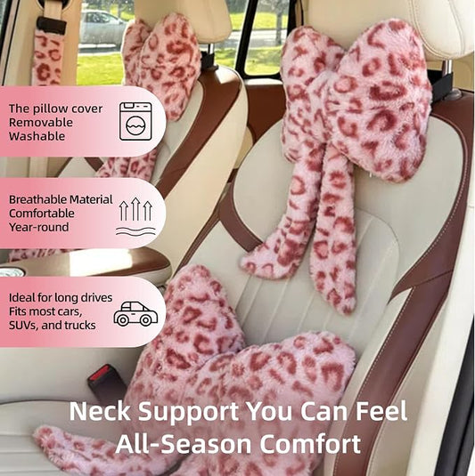 Car Neck Pillow 2PCS Plush Bowknot Car Headrest Pillow – Comfortable Neck Support for Driving Soft Touch Fabric Car Pillow Cute Interior Decor (Pink Leopard)