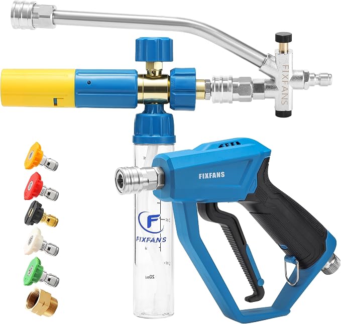 FIXFANS Pressure Washer Gun with Mini Foam Cannon, Dual Connector Accessory, Car Wash Foam Gun Kit - No-Dilution Foam Cannon Pro 100ML, 5 Power Washer Nozzle Tips & M22 Adapter, 1/4" Quick Connect