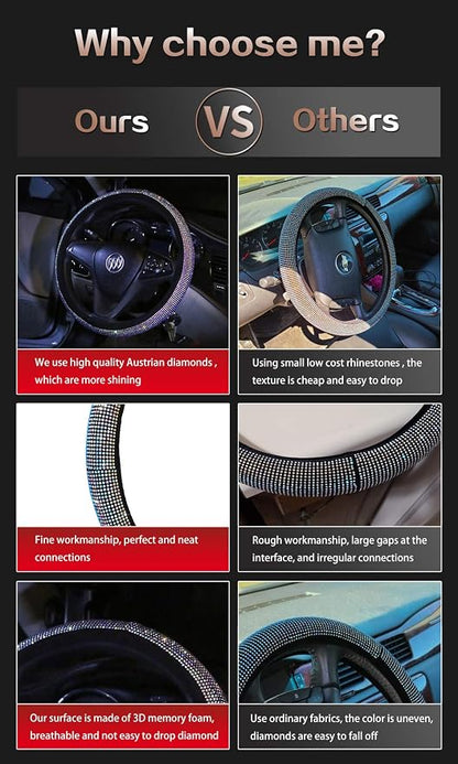 Car Sparkly Steering Wheel Cover Bedazzled for Women Girls, Large Size 15 1/2''-16'' inch Colorful Bling Anti-Slip Wheel Protector, Black