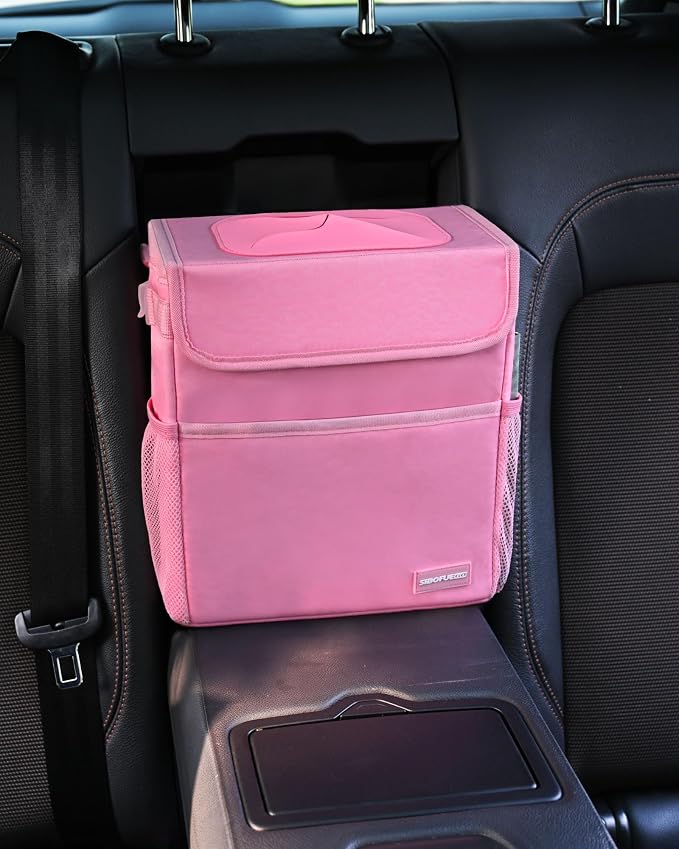 SIBOFUEGO Car Trash Can Cute - Multifunctional Interior Car Accessory for Women, Car Organizer and Storage with Adjustable Straps, Car Stuff Storage 2 Gallons (Leopard-Print Pink)