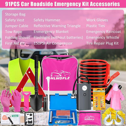 Car Roadside Emergency Kit, Vehicle Truck Safety Emergency Road Side Assistance Kits with Jumper Cables, Pink