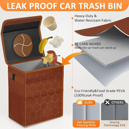 Vankor Car Trash Can, Brown, 2.2 Gallons Capacity, Waterproof, Polyester Material, Adjustable Strap, Hanging Design, Leakproof Lining, 100% PEVA Thickness