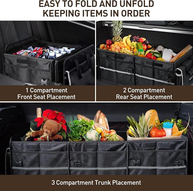 HIRALIY 4 in 1 Car Trunk Storage Organizer with Leakproof Cooler Bag, Multi-Compartment Foldable Trunk Storage Box for Car Truck SUV Black