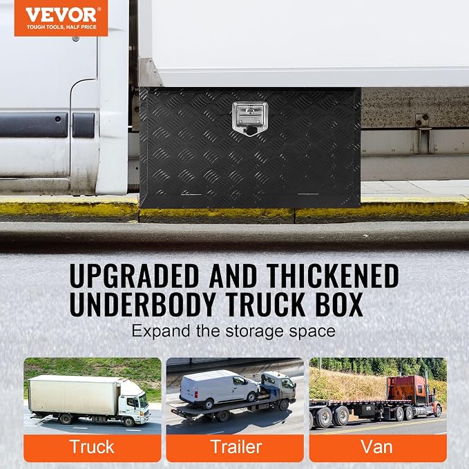 VEVOR Underbody Truck Box, 30"×14"×16" Pickup Storage Box, Heavy Duty Aluminum Diamond Plate Tool Box with Lock and Keys, Waterproof Trailer Storage Box with T-Handle Latch for Truck, Van, Trailer