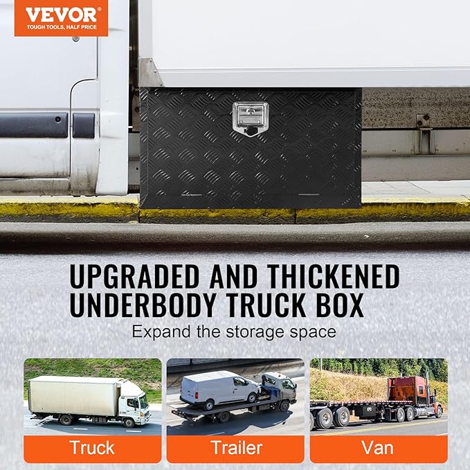 VEVOR Underbody Truck Box, 36"×14"×16" Pickup Storage Box, Heavy Duty Aluminum Diamond Plate Tool Box with Lock and Keys, Waterproof Trailer Storage Box with T-Handle Latch for Truck, Van, Trailer