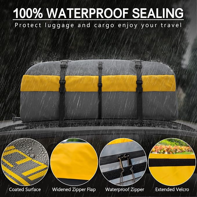 Car Roof Bag Rooftop Cargo Carrier, 21 Cubic Feet Waterproof Roof Luggage Cargo Carrier Bag with Anti-Slip Mat for All Cars Vehicles SUV with/Without Rack (with 2PCS 4M Ratchet Straps)