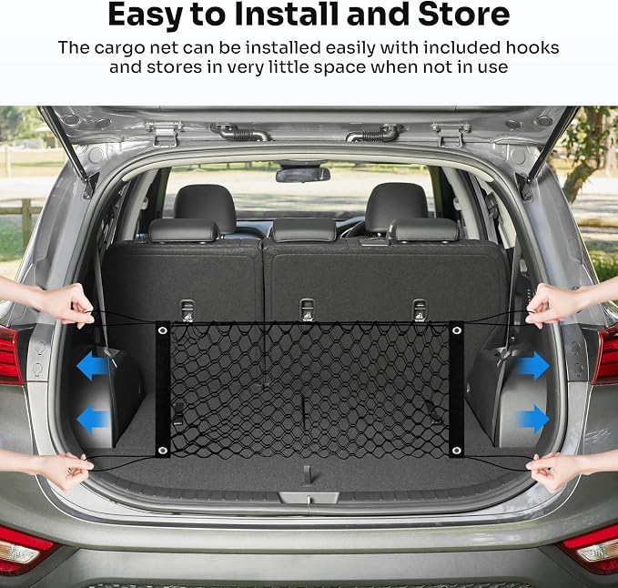 Canvcle Trunk Cargo Net for 2019-2025 2026 Hyun-dai Santa Fe Accessories Envelope Style Mesh Trunk Net Organizer and Storage Stretchable Adjustable Elastic Nylon Rear Cargo Netting with Hooks