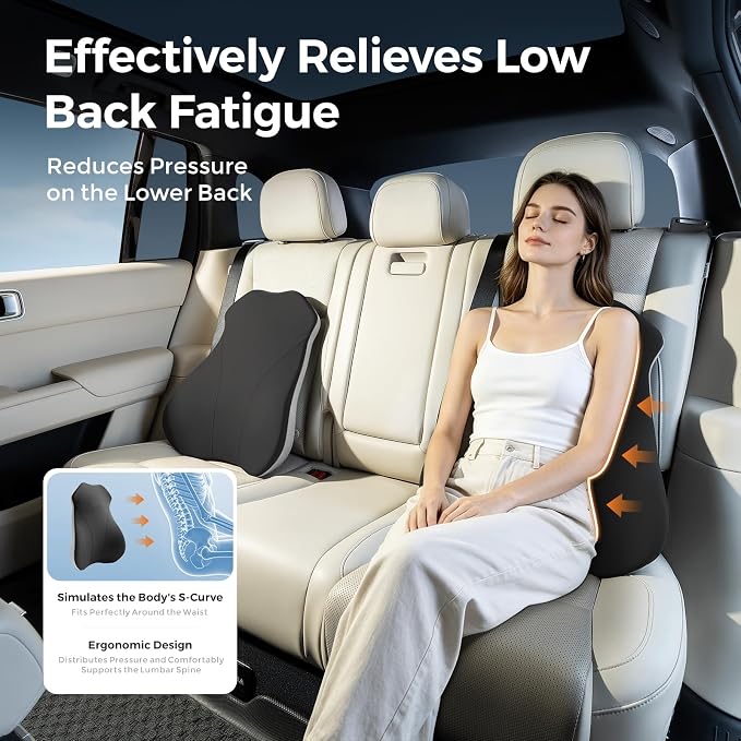 Lumbar Support Pillow for Car, Memory Foam Back Cushion for Driving Seat, Truck Accessories Travel Essentials, Back Pain Relief, Washable Cover, Plus Size Lower Back Support Fits Most Cars (Black)