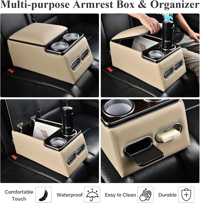 Coverado Car Center Console, Universal Rear Bench Seat Consoles, Truck Seat Organizer and Storage, Back Seat Car Organizer with Cup Holder, Large Storage Box, Central Armrest Box (Regular, Beige)