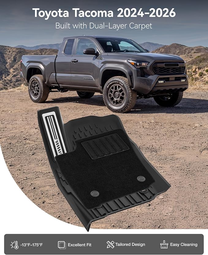 3W Floor Mats&Carpet for Toyota Tacoma 2024-2026 Double Cab Auto Tran(Not Fit Hybrid & XtraCab) with Metal Pedals, TPE All Weather Custom Fit Floor Liner for Tacoma TRD/SR/SR5/limited Car Liners.