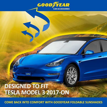Goodyear Foldable Windshield Sunshade for Tesla Model 3 2017-2026, Car Accessories, Sunshade Cover, Sun Shade Car Windshield, Window Sun Blocker - GY008286