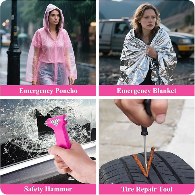 Car Roadside Emergency Kit, Vehicle Truck Safety Emergency Road Side Assistance Kits with Jumper Cables, Auto Air Compressor Tire Inflator, Pink