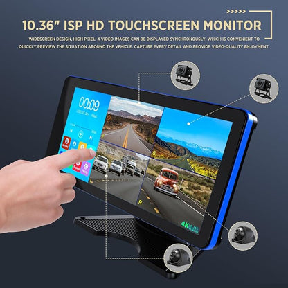 ASLONG 4K Backup Camera 4CH Dash Cam with 10.36" Quad Split Touch Screen & 4 AHD Front Rear Sides View Camera w/DVR Recording Music Video Playback Avoid Blind for RV Semi Trailer Truck Van
