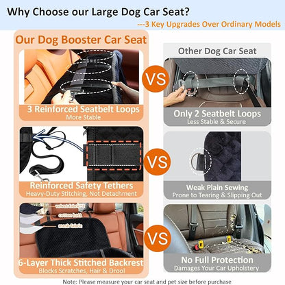 Large Dog Car Seat for Medium Sized, Dog Booster Car Seat, Pet Booster Seats up to 55lbs or 2 Small with 4" Memory Foam for Back Seat, Triple Safety Belts, Storage Pockets, Detachable/Washable