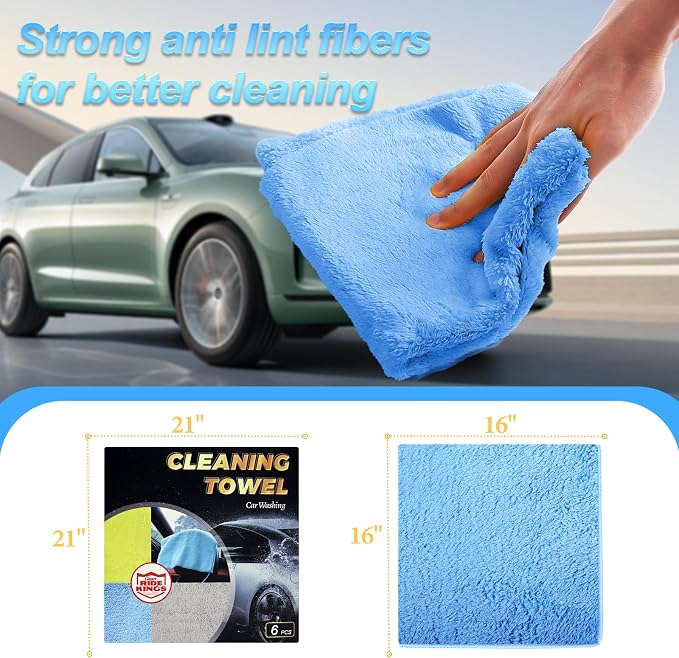 Car Wash Towels 16x16 - Coral Fleece, Blue 6-Pack | 450gsm thick coral fleece. Highly absorbent, lint & scratch-free for auto detailing, washing, and home cleaning.