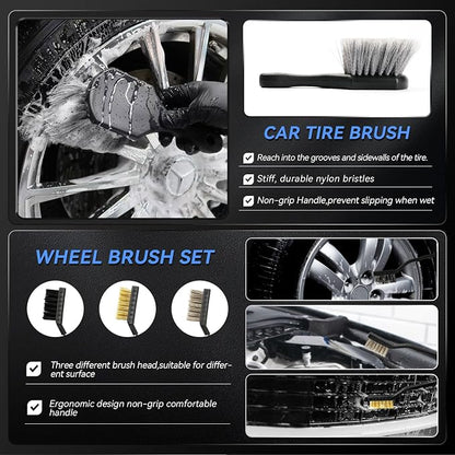 COOGEO 29Pcs Car Detailing Kit,Compelete Car Cleaning Kits Interior Cleaner with Detailing Brushes,Drill Brush Heads,Car Wash Kit with Cleaning Gel,Wash Mitt,Car Hooks,Car Care Gift for Men