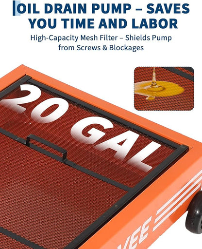 Garvee 20 Gallon Oil Drain Pan, 110V Waste Oil Drain Pan for Oil Change, Steel, 8-8.2 ft Hose& Folding Handle&Rolling Cart, Heavy Duty for Trucks,Orange