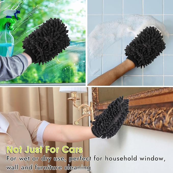 3 Pack Chenille Microfiber Car Wash Mitt, 7" x 9.6" Car Washing Mitts, Home Dusting Gloves, Scratch Free Lint-Free, Highly Absorbent, Double Sided, for Cleaning Detailing Polish (Grey)
