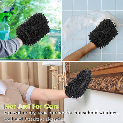 3 Pack Chenille Microfiber Car Wash Mitt, 7" x 9.6" Car Washing Mitts, Home Dusting Gloves, Scratch Free Lint-Free, Highly Absorbent, Double Sided, for Cleaning Detailing Polish (Grey)