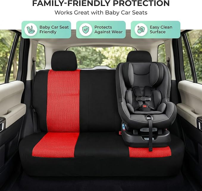 FH Group Automotive Rear Car Seat Covers for SUV, Trucks, Sedan and More - Universal Fit Front High Back & Rear Solid Bench Design Interior Accessories - 3D Mesh Fabric Center Panel - Red