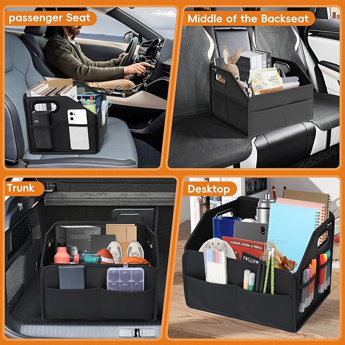 Car Storage Organizer Reinforced Dividable Leather Car Caddy Basket for Front Seat Floor Back Sturdy Frosted Handle 8 Compartments Adjustable Strap Buckles Slip-Resistant (Normal)