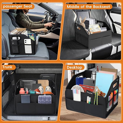 Car Storage Organizer Reinforced Dividable Leather Car Caddy Basket for Front Seat Floor Back Sturdy Frosted Handle 8 Compartments Adjustable Strap Buckles Slip-Resistant (Normal)