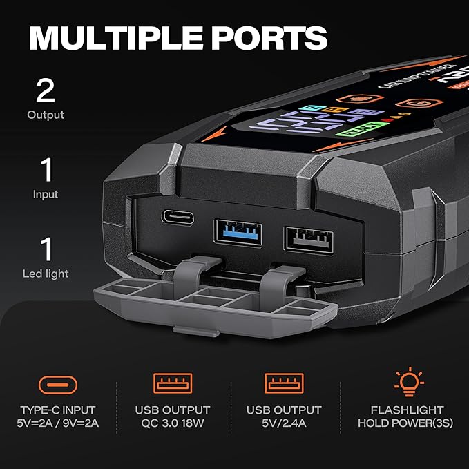 A2C Portable Jump Starter, 12V Auto Battery Booster, Power Bank, LED Light | Fits 6.0L Gas/3.0L Diesel. Features QC3.0 fast charging, smart safety clamps (short/reverse protection), & 3 lighting modes.