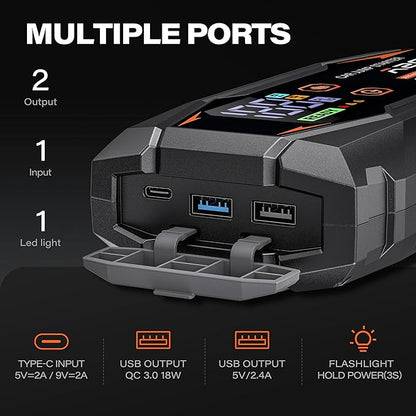 A2C Portable Jump Starter, 12V Auto Battery Booster, Power Bank, LED Light | Fits 6.0L Gas/3.0L Diesel. Features QC3.0 fast charging, smart safety clamps (short/reverse protection), & 3 lighting modes.