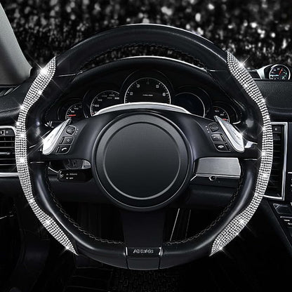 CAR PASS Bling Diamond Segmented Steering Wheel Cover with Crystal Rhinestones, 2PCS Wheel Protector Non-Slip Cute Car Accessories Universal Fit D-Shape O-Shape 14.5" to 16" for Women, Silver Diamond