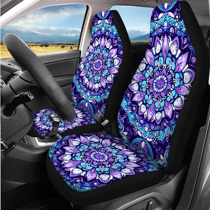 14 Pcs Purple Mandala Car Seat Covers with Steering Wheel Cover,Seat Belt Covers Cup Holder with Keychain,Novelty Purple Floral Automotive Protector Set Universal Fit Cars SUV Truckss