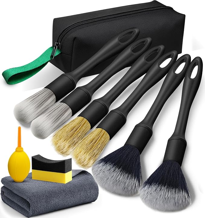 10PCS Car Detailing Brush Kit, All-in-One Interior Exterior Auto Detailing Brushes Set, Durable Ultra Soft Boars Hair Car Detail Brush, Car Cleaning Brush with Storage Bag & Car Drying Towel