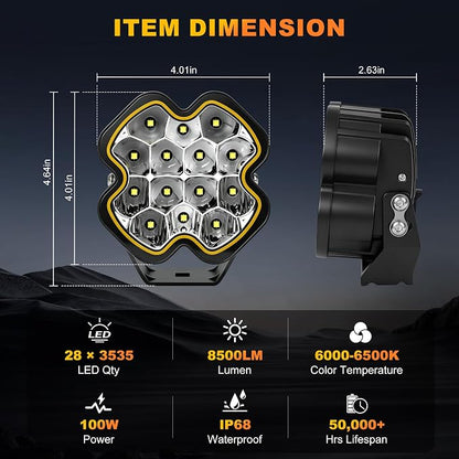 4 Inch LED Pod Driving Lights with Remote, 100W 8500LM Offroad Cube Spotlights with Amber DRL, Ultra-Wide Ditch Light, Hyper Spot Beam 2 Modes Auxiliary Lights, for Truck Jeep ATV, 1 Pair