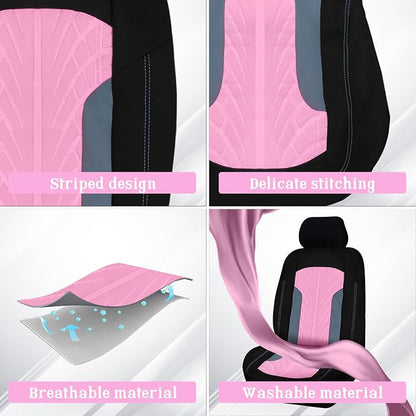Car Seat Cover Full Set for Women with Floor Mats,3D Air Mesh Car Seat Cover with 5mm Composite Sponge Inside,Universal Fluffy Steering Wheel Cover, Accessories Full (Pink)