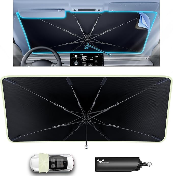 helloleiboo Car Windshield Sun Shade Umbrella 57" x 32", Windshield Sun Shade Foldable with 5-Layer Thickened Vinyl Coating Reflective Heat & UV Protection Fits Most Sedans & Compact SUVs