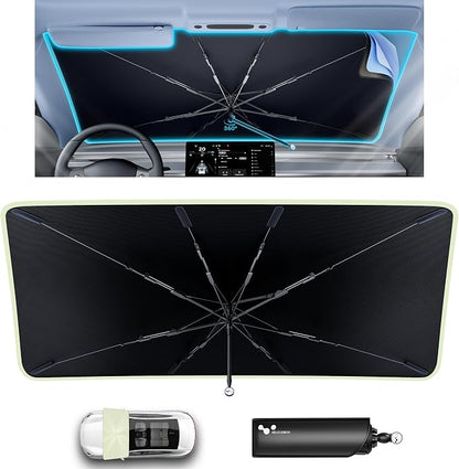 helloleiboo Car Windshield Sun Shade Umbrella 57" x 32", Windshield Sun Shade Foldable with 5-Layer Thickened Vinyl Coating Reflective Heat & UV Protection Fits Most Sedans & Compact SUVs