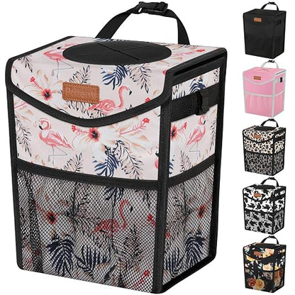 Pritent Car Trash Can with Lid, Cute Leakproof Car Trash Garbage Bag Hanging Vehicle Trash Bin Small Portable Automotive Garbage Cans Organizer for Back/Front Seat/Console(2.8 gal,Flamingo Print