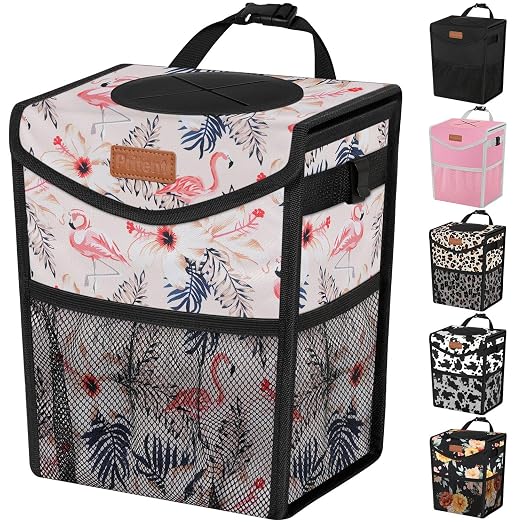 Pritent Car Trash Can with Lid, Cute Leakproof Car Trash Garbage Bag Hanging Vehicle Trash Bin Small Portable Automotive Garbage Cans Organizer for Back/Front Seat(Trapezoid,Flamingo Print