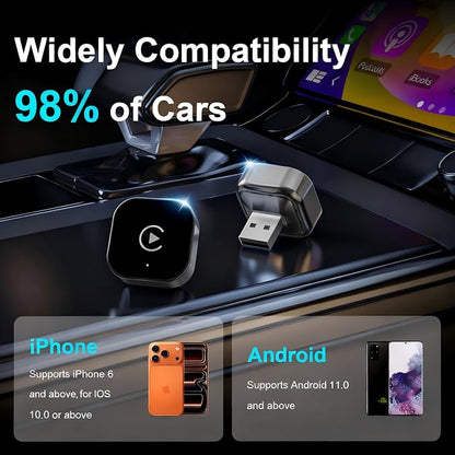 Wireless CarPlay Adapter & Android Auto Wired CarPlay to Wireless Device, 2-in-1 Mini T-Shaped for Car USB Plug and Play Auto Connect, No Delay for Apple iOS 10+, Android 11+ Version[2026 Upgrade]