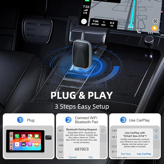 Plug and Play CarPlay Wireless Adapter for Apple iPhone Wireless Android Auto,Fast Auto Connect USB A/Type-C with 927+ Models from 2015 / iOS 10+ / Android 11+