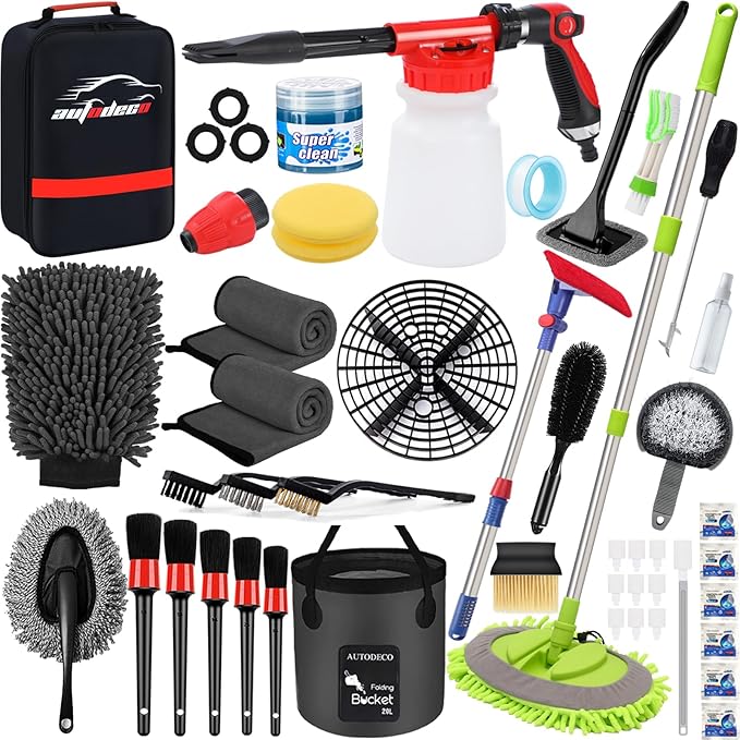44Pcs Car Wash Detailing Kit Cleaning Kits with Foam Gun Sprayer Wash Mop with Long Handle Collapsible Bucket Large Wash Mitt Towels Complete Interior Exterior Car Washing Supply Set Black